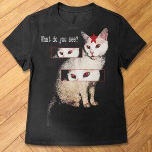 Black - Gothic Cat Graphic T-Shirt "What do you see" New